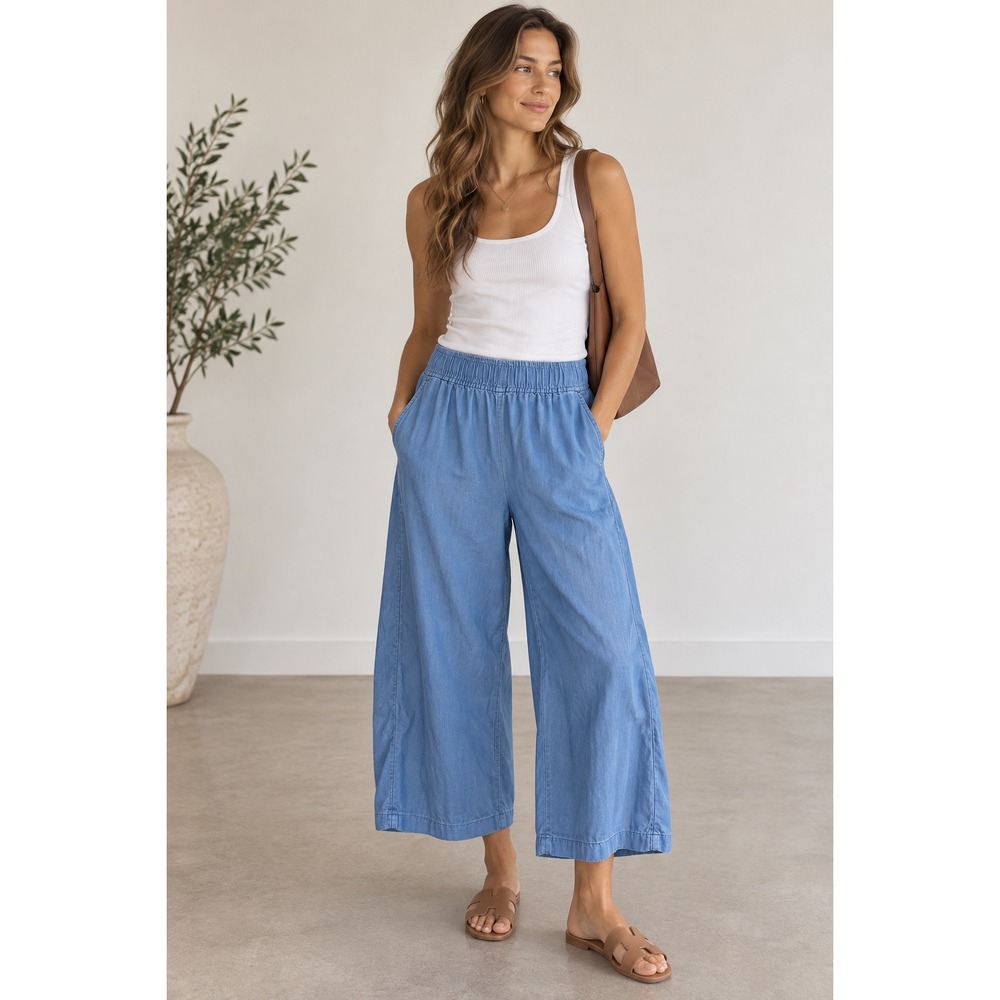 Vineyard Vines Pants Women Medium Blue Tencel Wide Leg Elastic Waist Light Wash